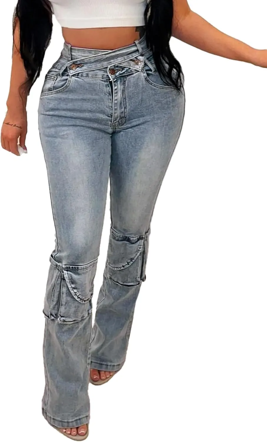 cffvdiz Women's Slim Stretch Cargo Jeans Straight Leg Denim Pants