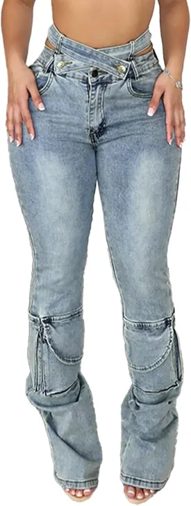 cffvdiz Women's Slim Stretch Cargo Jeans Straight Leg Denim Pants