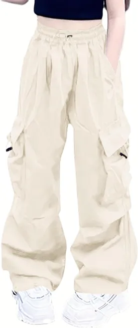 Girls Cargo Pants Elastic Waist Drawstring with Pockets Pants, 6-14 Years