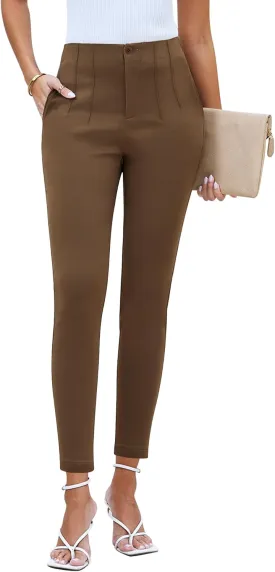 GRAPENT Cropped Pants for Women Dressy Casual High Waisted Pleated Pants Lightweight Stretch Slim Ankle Trousers Pants