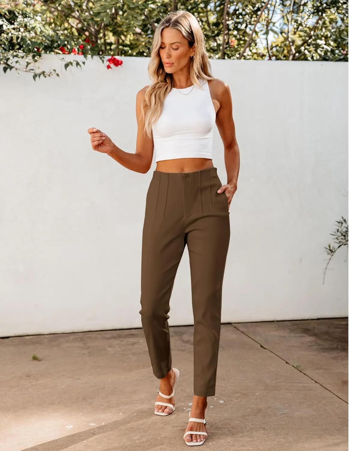 GRAPENT Cropped Pants for Women Dressy Casual High Waisted Pleated Pants Lightweight Stretch Slim Ankle Trousers Pants