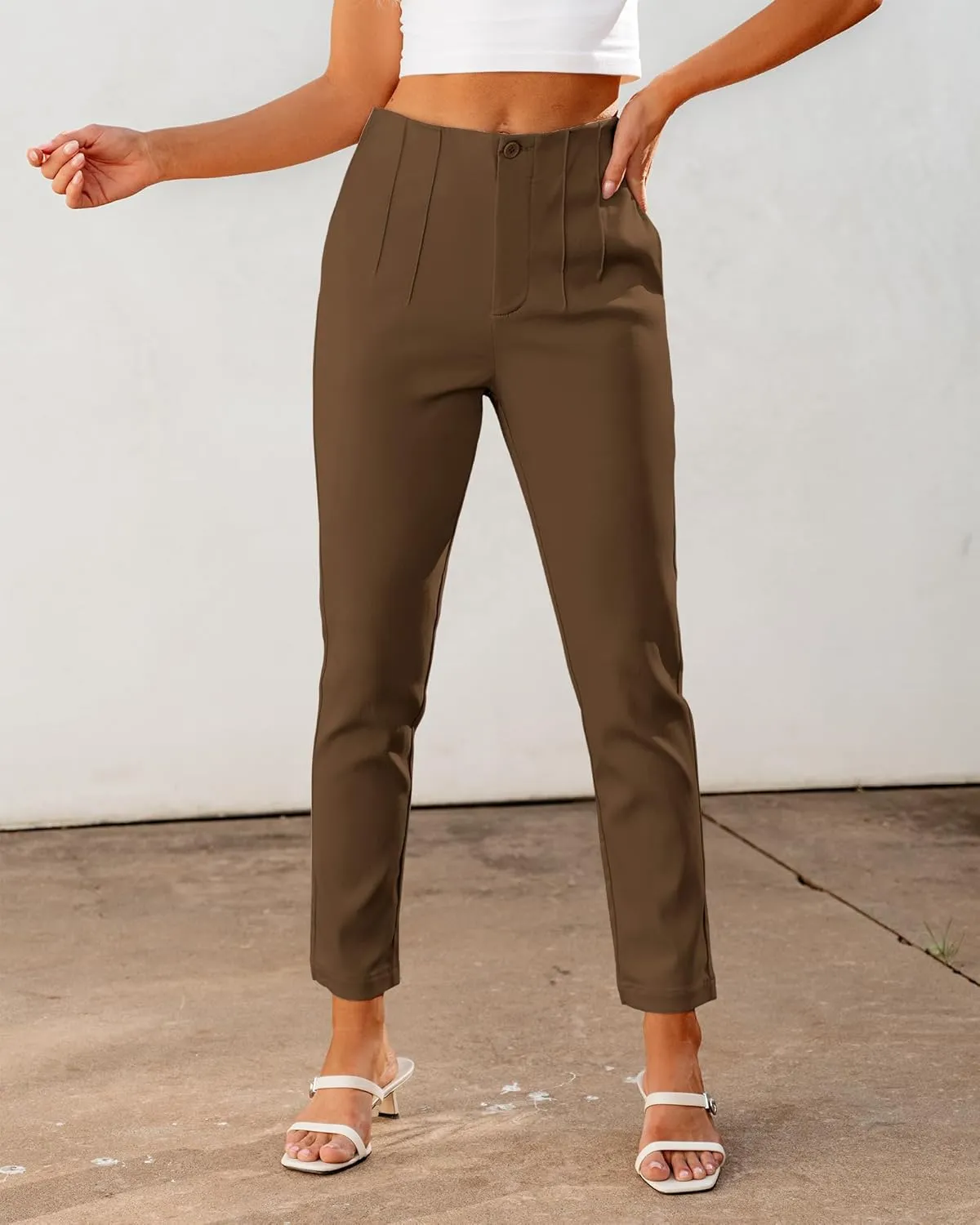 GRAPENT Cropped Pants for Women Dressy Casual High Waisted Pleated Pants Lightweight Stretch Slim Ankle Trousers Pants