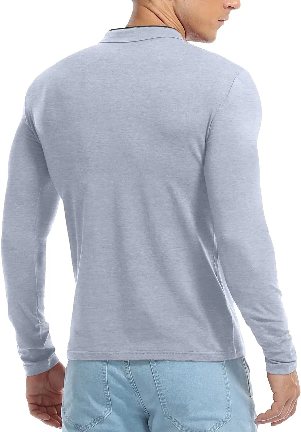 KUYIGO Men Casual Long Sleeve Polo Shirts Mandarin Collared Slim Fit Fashion Cotton Tops