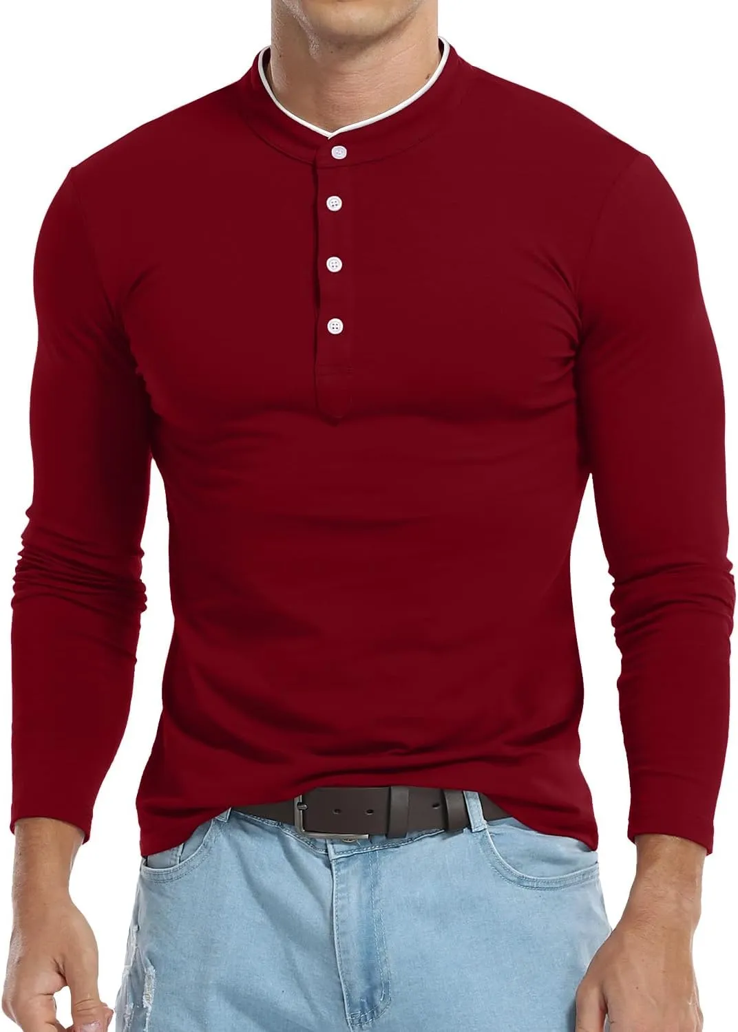 KUYIGO Men Casual Long Sleeve Polo Shirts Mandarin Collared Slim Fit Fashion Cotton Tops