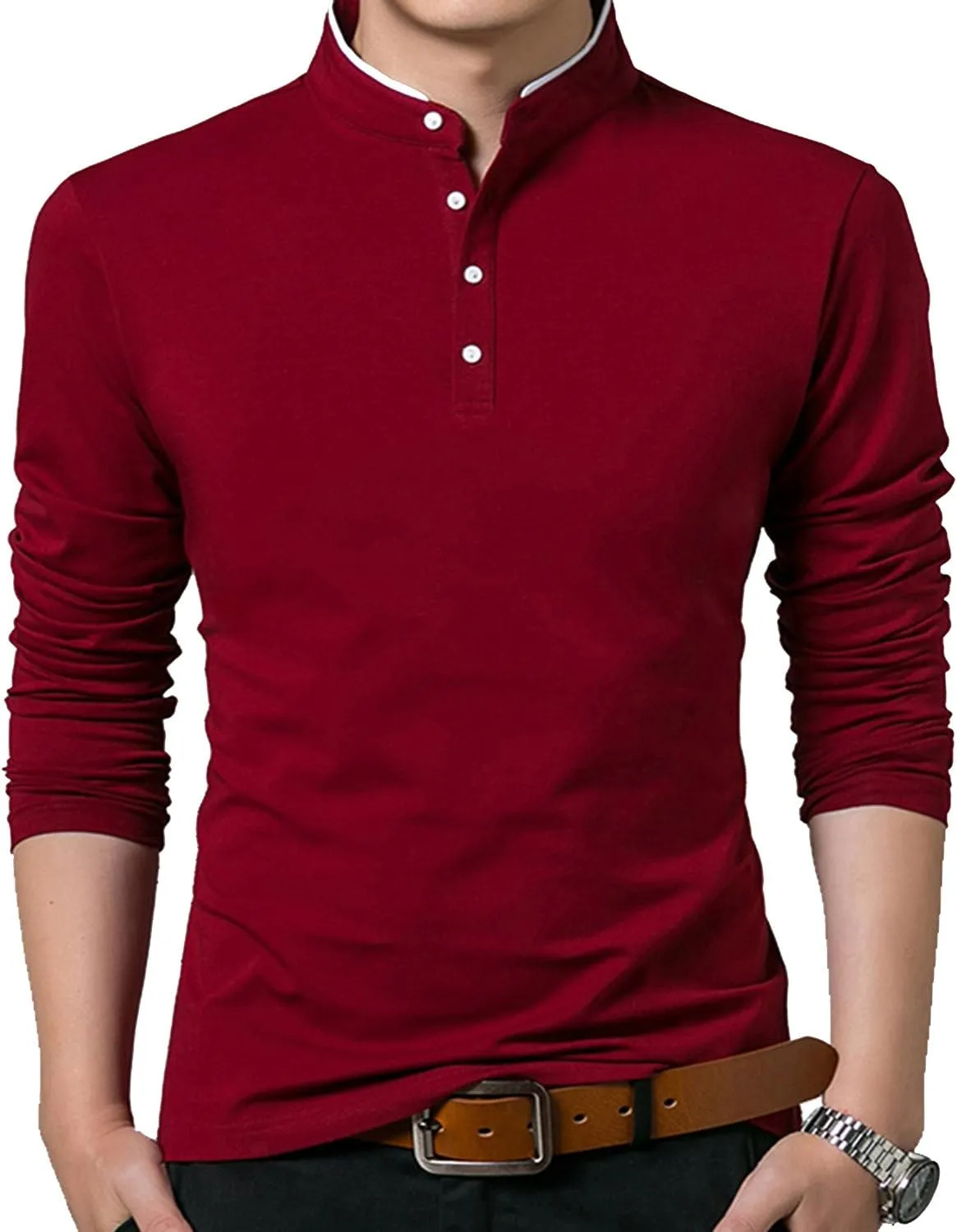 KUYIGO Men Casual Long Sleeve Polo Shirts Mandarin Collared Slim Fit Fashion Cotton Tops