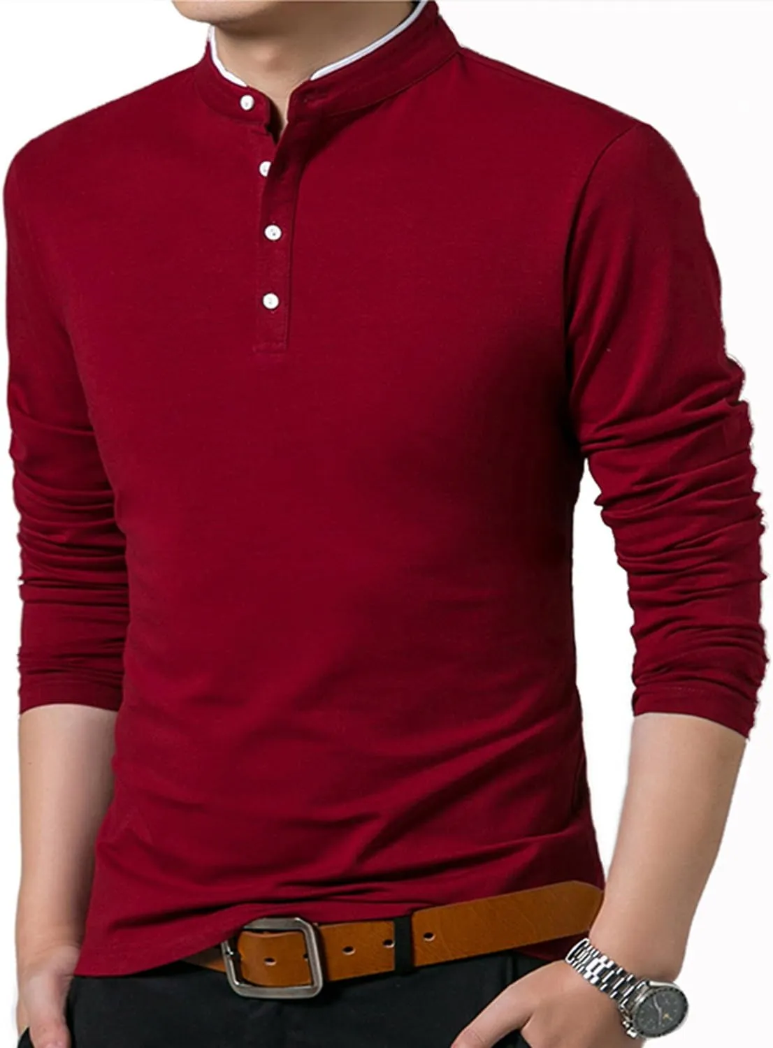 KUYIGO Men Casual Long Sleeve Polo Shirts Mandarin Collared Slim Fit Fashion Cotton Tops