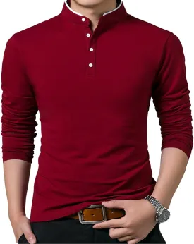 KUYIGO Men Casual Long Sleeve Polo Shirts Mandarin Collared Slim Fit Fashion Cotton Tops