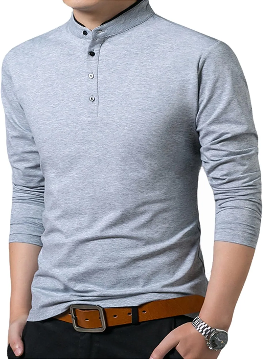 KUYIGO Men Casual Long Sleeve Polo Shirts Mandarin Collared Slim Fit Fashion Cotton Tops