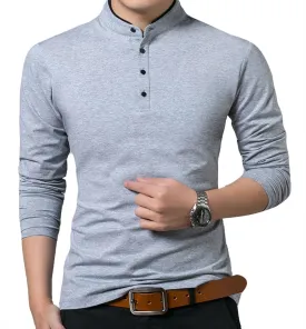 KUYIGO Men Casual Long Sleeve Polo Shirts Mandarin Collared Slim Fit Fashion Cotton Tops