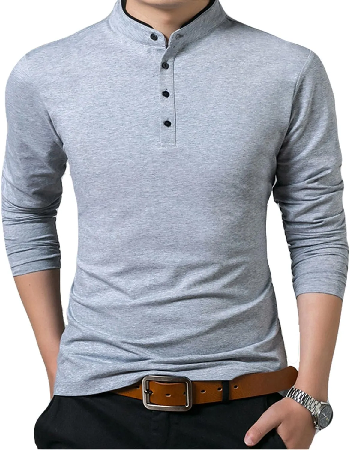 KUYIGO Men Casual Long Sleeve Polo Shirts Mandarin Collared Slim Fit Fashion Cotton Tops