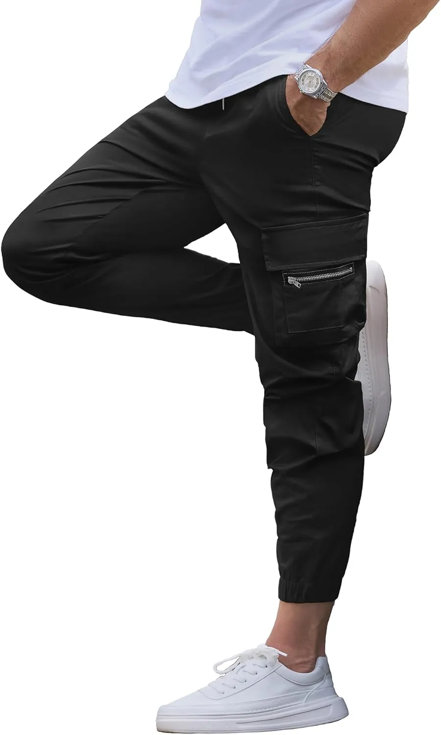 Mens Cargo Jogger Pants Elastic Waist Drawstring Regular with Zipper Pockets Cotton Pants for Men