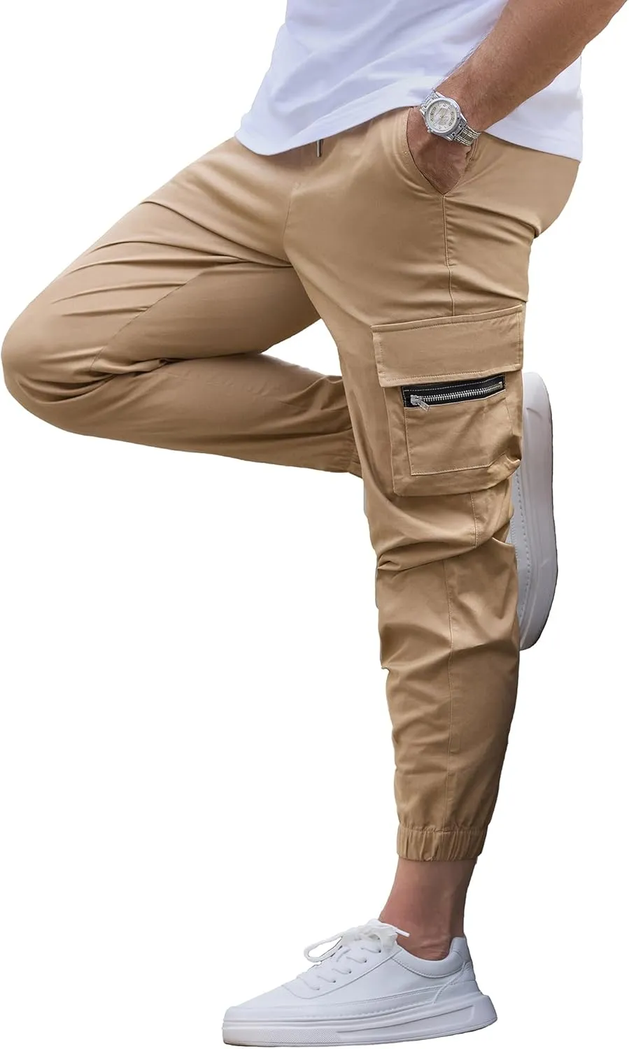 Mens Cargo Jogger Pants Elastic Waist Drawstring Regular with Zipper Pockets Cotton Pants for Men
