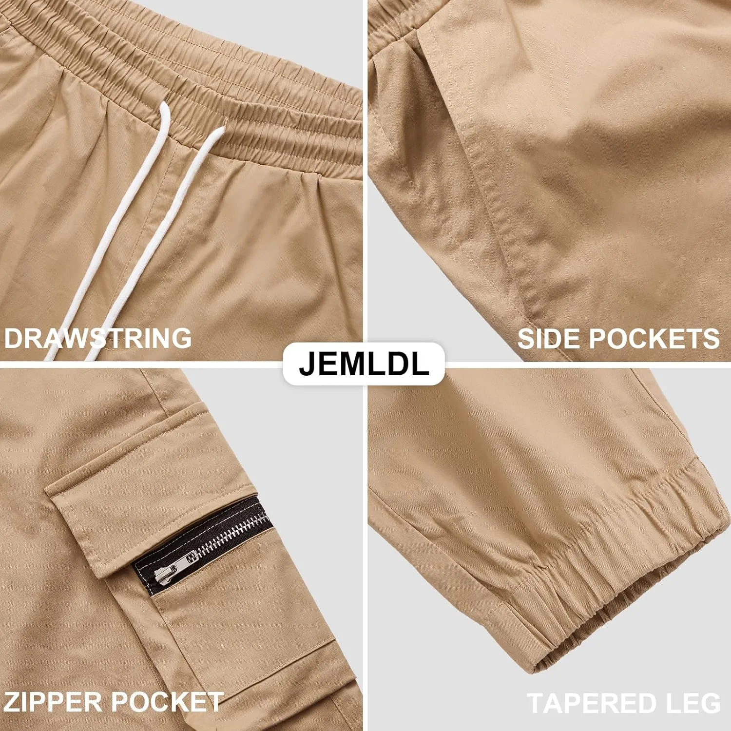 Mens Cargo Jogger Pants Elastic Waist Drawstring Regular with Zipper Pockets Cotton Pants for Men
