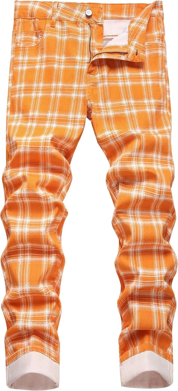 RANMCC Plaid Pants for Men Skinny Flat-Front Stretch Slim Casual Business Dress Pants
