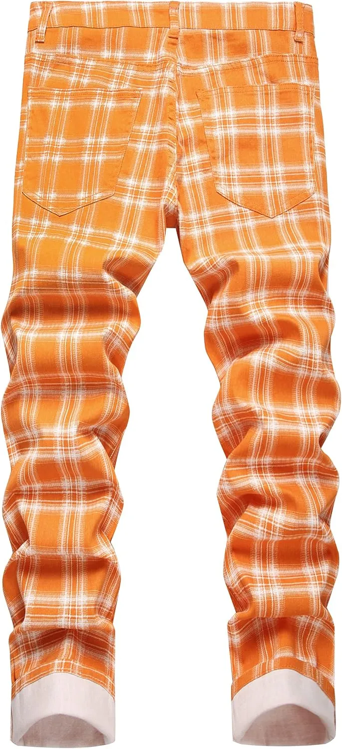 RANMCC Plaid Pants for Men Skinny Flat-Front Stretch Slim Casual Business Dress Pants